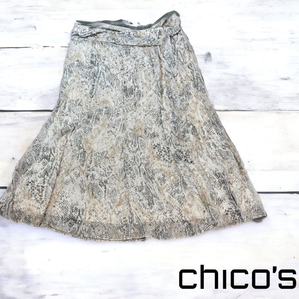 Chico’s Gray, Tan, and White Chiffon A-Line Skirt with Snake Print